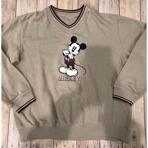 VTG Disney Mickey Mouse Tan Sweatshirt w/Maroon V Neck Collar & Cuff Details Med